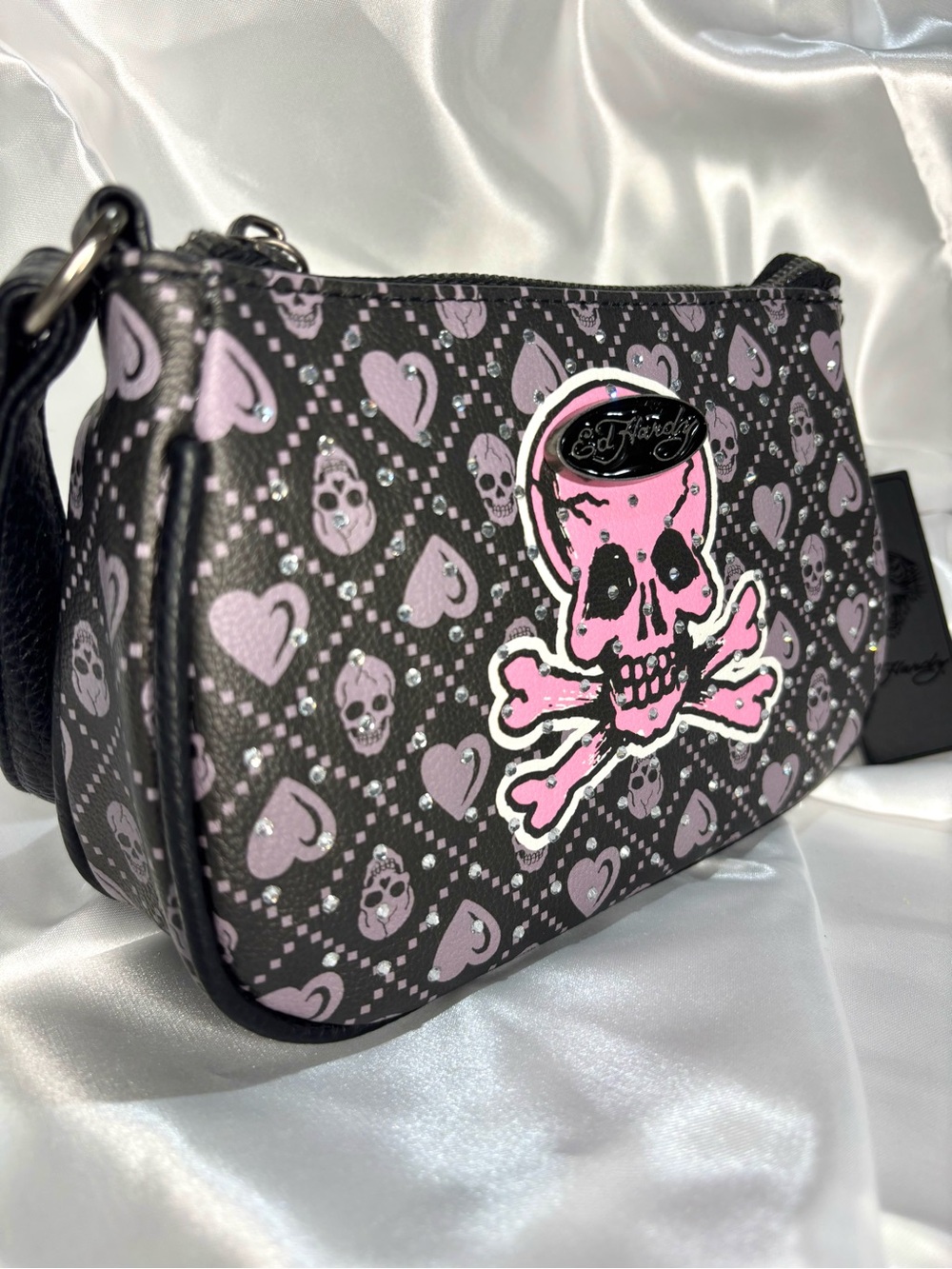 Ed Hardy Y2K Black Pink Skull Crossbones Shoulder Bag Rhinestone Punk Purse NWT